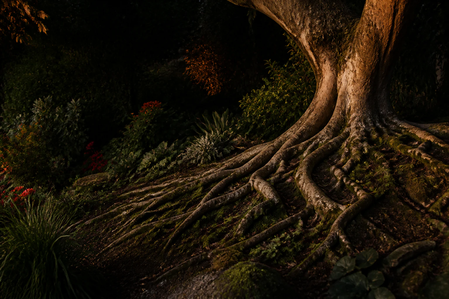 The broad exposed root flare of a mature tree in a dark, richly planted garden.