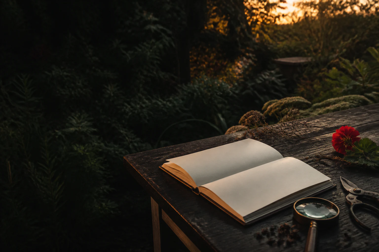 An open blank notebook, garden snips, hand lens, seed heads, and a red flower on a dark garden table.