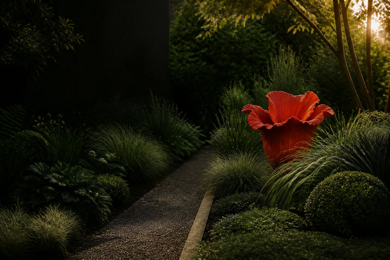A narrow dark garden path passes repeated green grasses and clipped shrubs toward one sculptural red orange vessel in warm evening light.