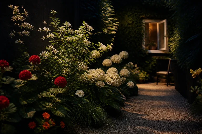 Cream and red fragrant flowers line a dark garden passage leading toward an open window and a quiet chair at dusk.