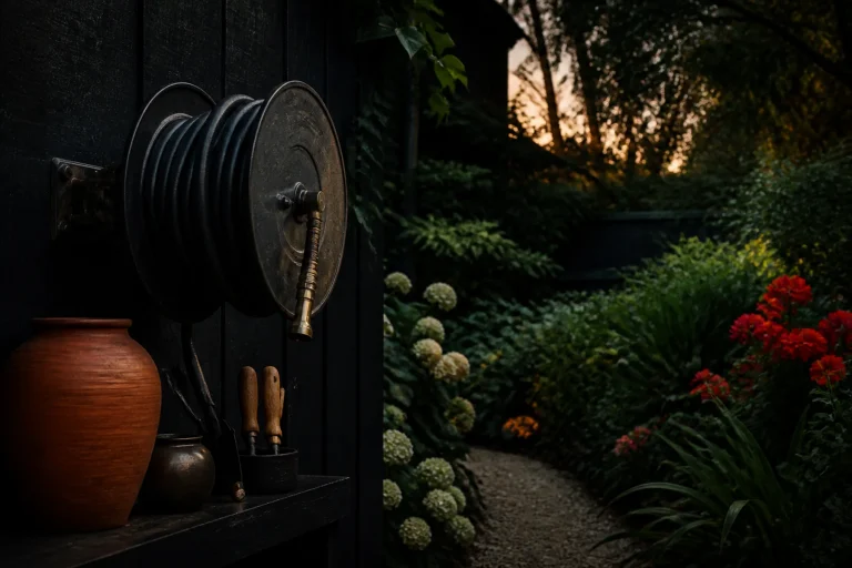 A matte black hose reel, brass fitting, terracotta vessel, and hand tools arranged beside a clear path into a dark garden.