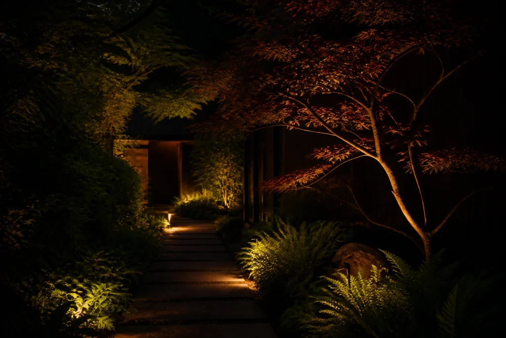 A dark garden path and one sculptural tree revealed by restrained pools of warm shielded light at night.