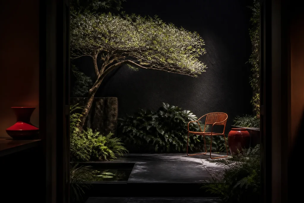 A compact night garden framed by a doorway with one sculptural tree, repeated dark foliage, an orange chair, and red ceramic vessels.