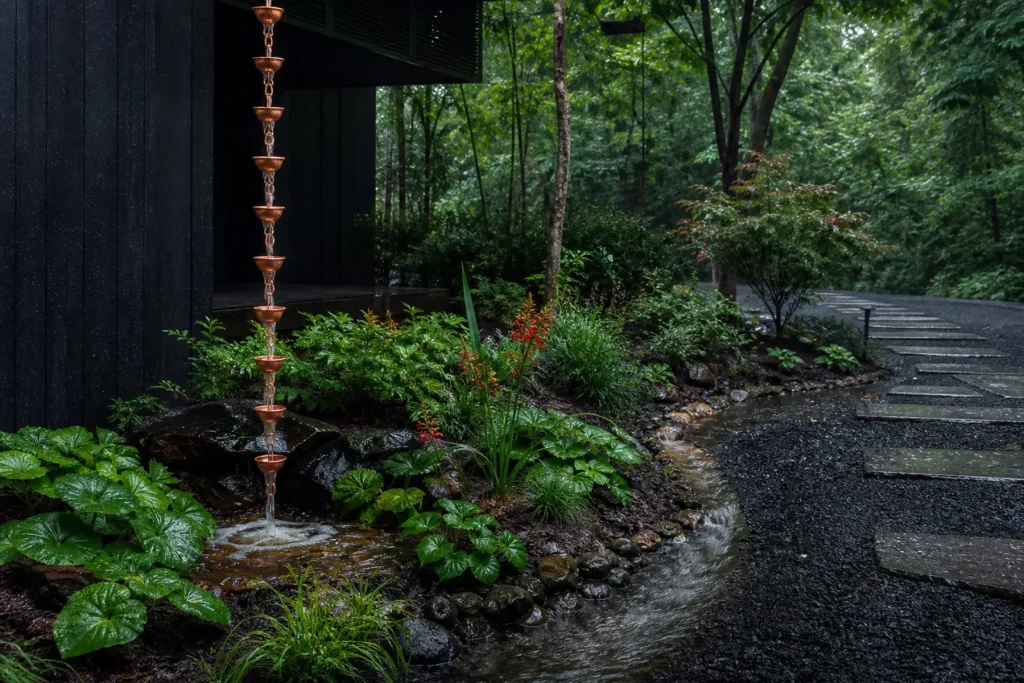 A copper rain chain carries water into a planted basin beside a wet permeable path in a dark garden.
