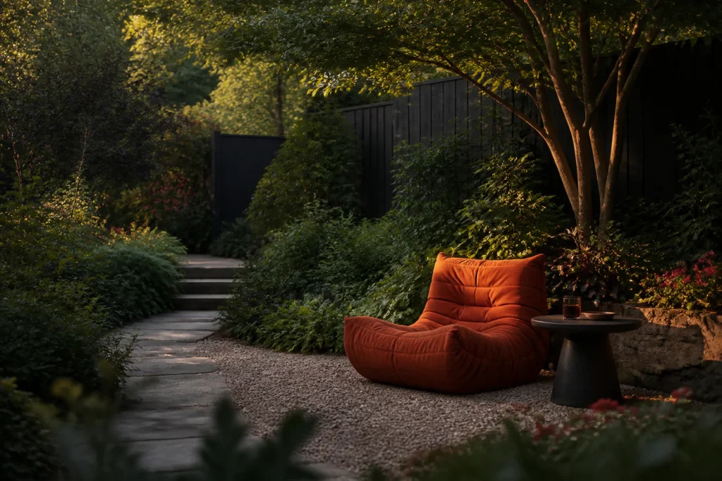 A burnt orange lounge chair and small dark table occupy a quiet gravel clearing beside a path in a lush garden.